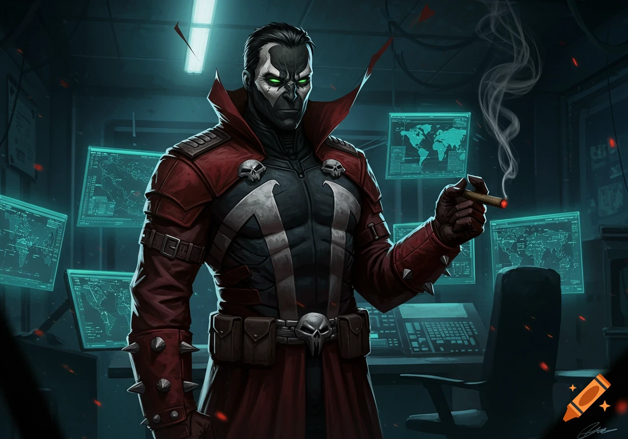 A dark comic art illustration of a man in a red and black Spawn-like suit, with glowing green eyes, holding a cigar in a futuristic control room.