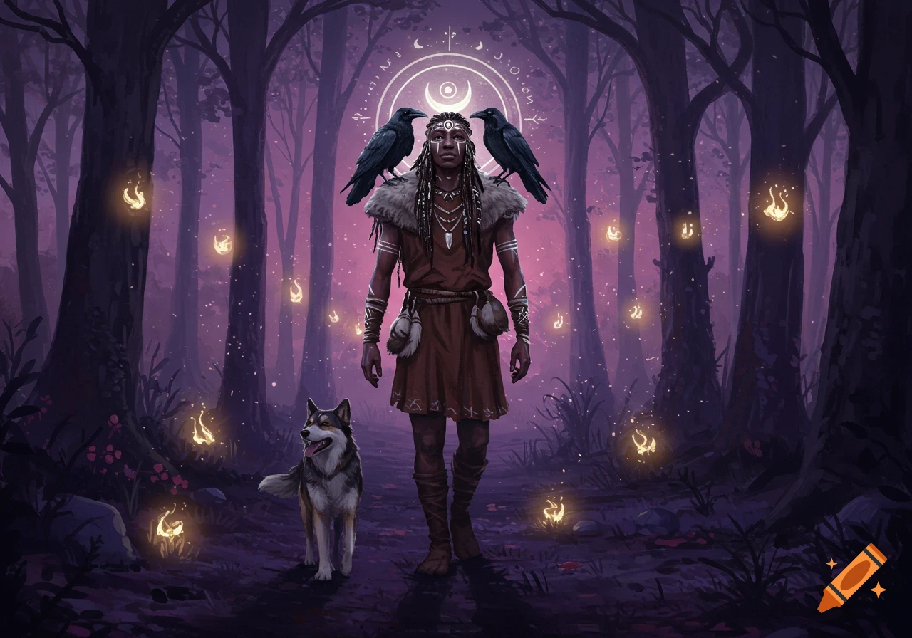 A shamanistic figure with two ravens and a wolf stands in a magical, purple-hued forest.