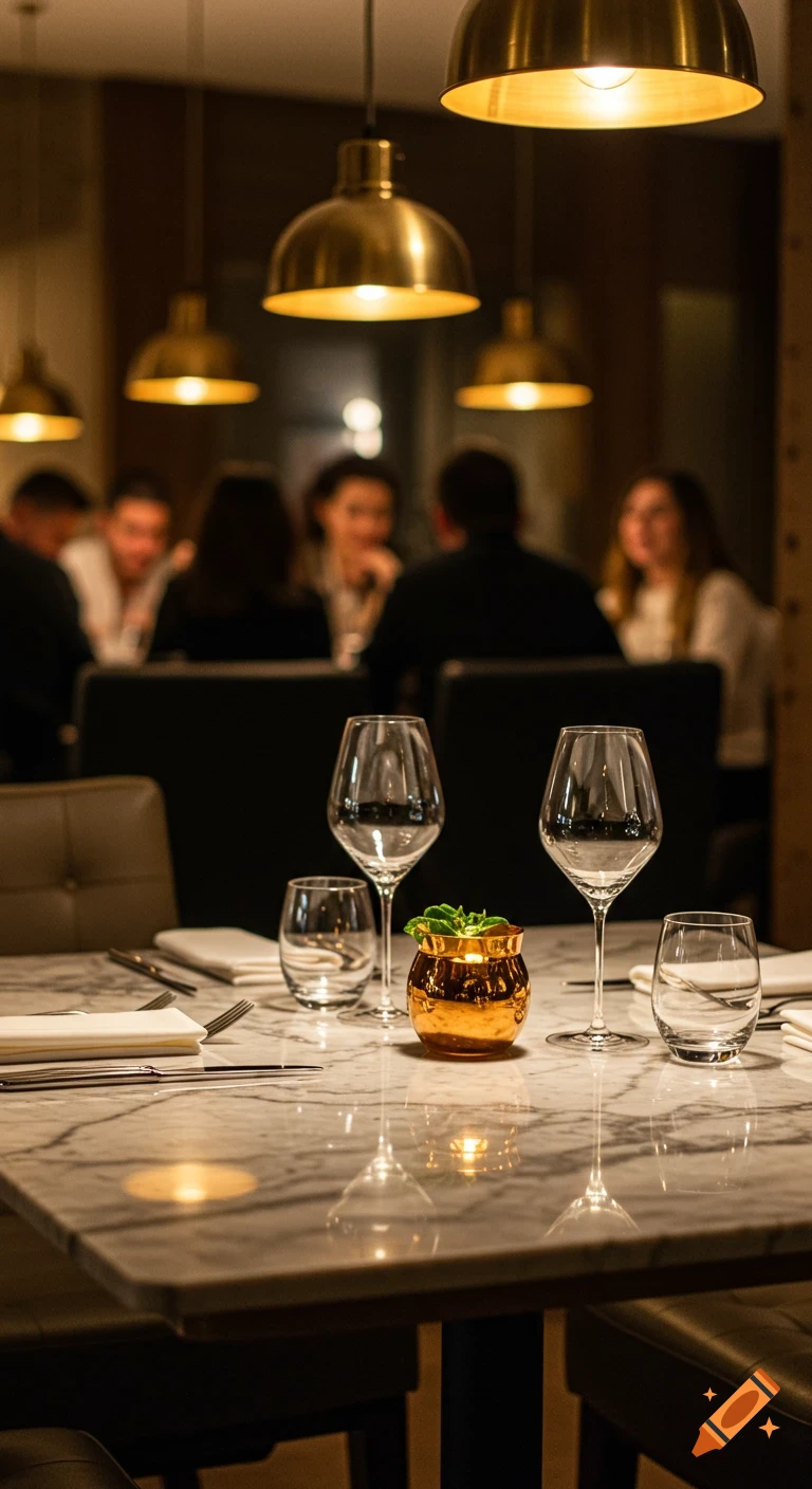Elegant restaurant table with wine glasses and a golden pot on marble, blurred diners in background under warm brass lamps.