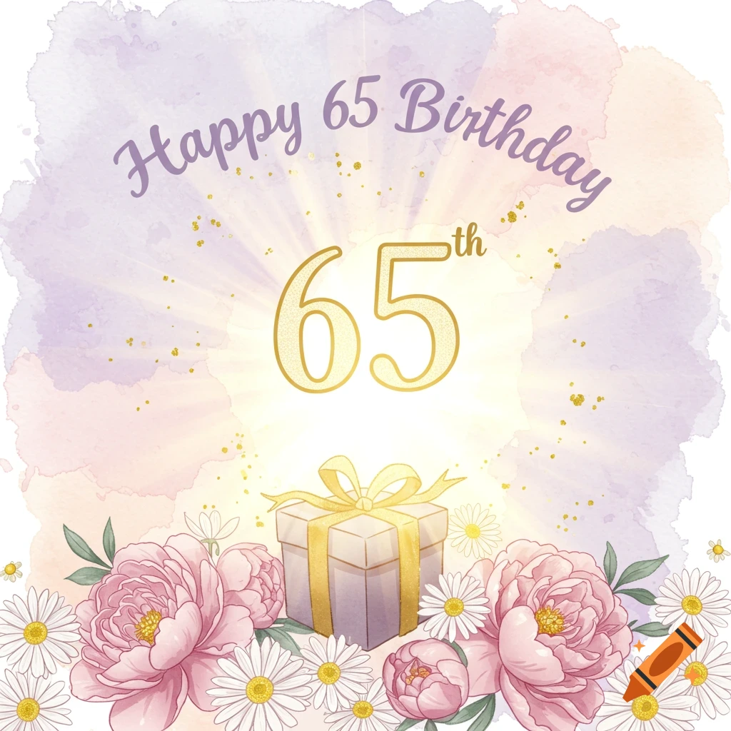 Watercolor birthday card with pink peonies, white daisies, a gift box, and 'Happy 65 Birthday' text.