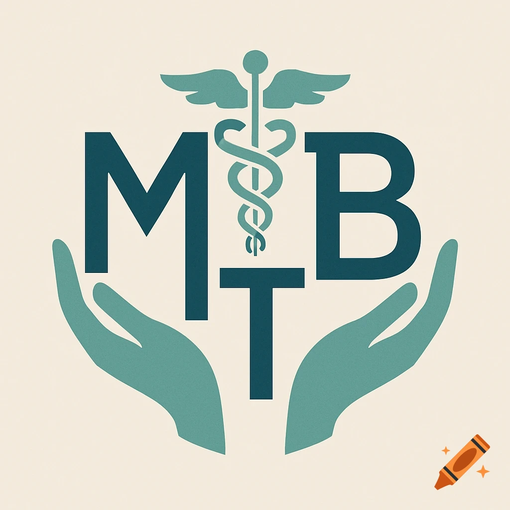Modern professional logo with a caduceus symbol, letters M, T, B, and two cupped hands in teal and dark teal colors.
