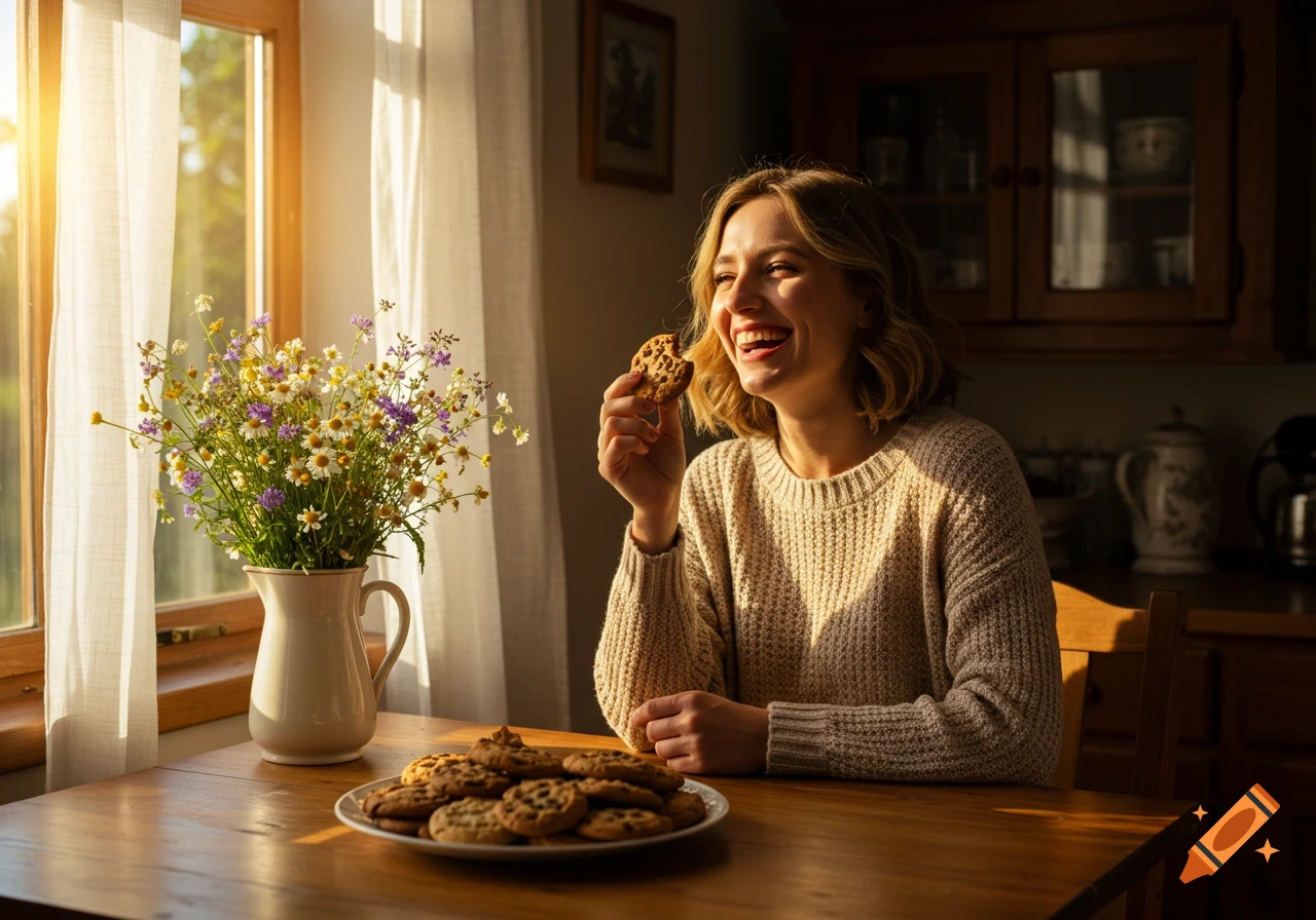 Smiling woman eating a cookie in a sunlit room with wildflowers and a plate of cookies on a wooden table.