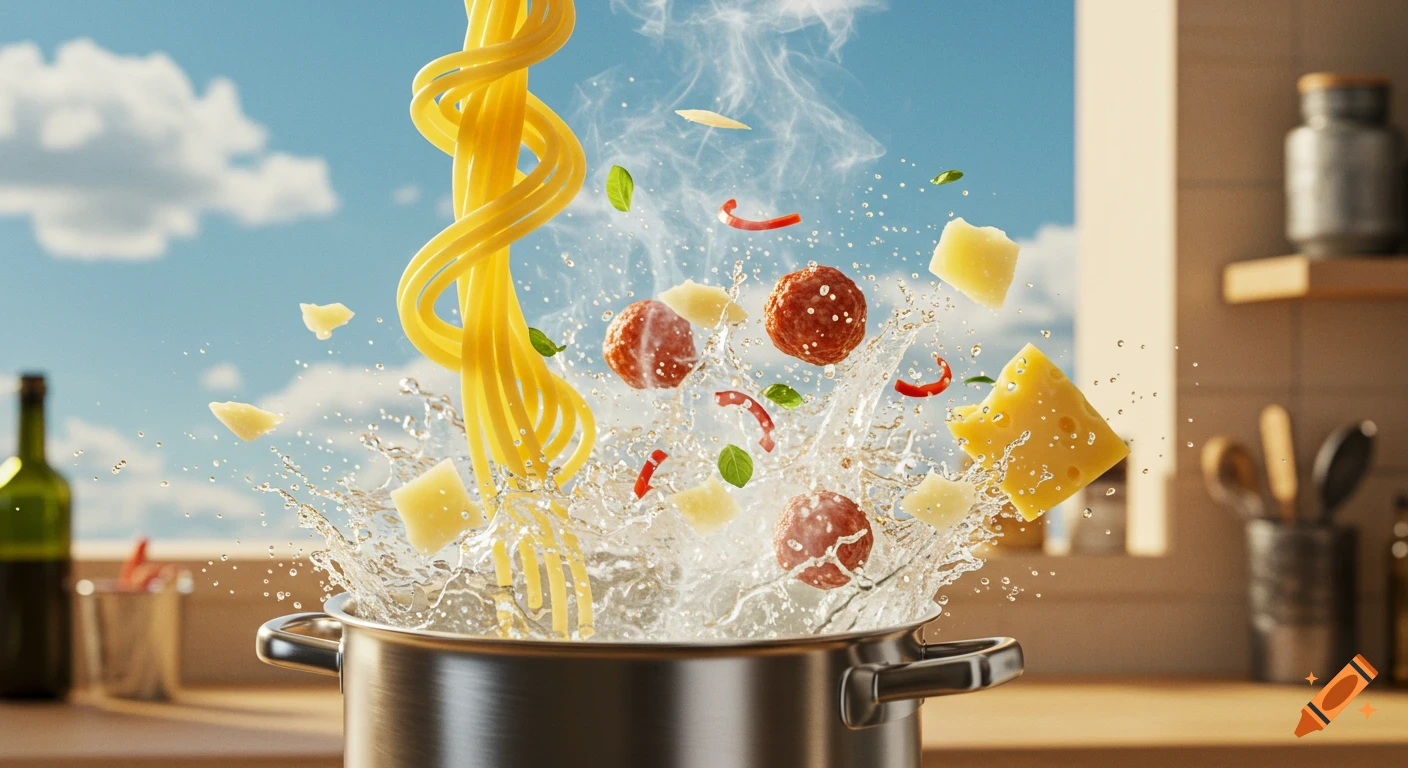 Dynamic shot of spaghetti, meatballs, cheese, and spices splashing from a boiling pot with steam, against a kitchen window and sky.