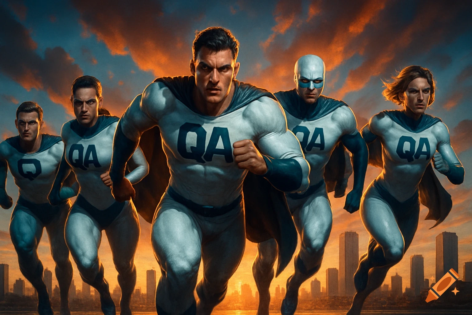 Five superheroes in white and blue suits with 'QA' logos run forward against a sunset sky and city skyline.