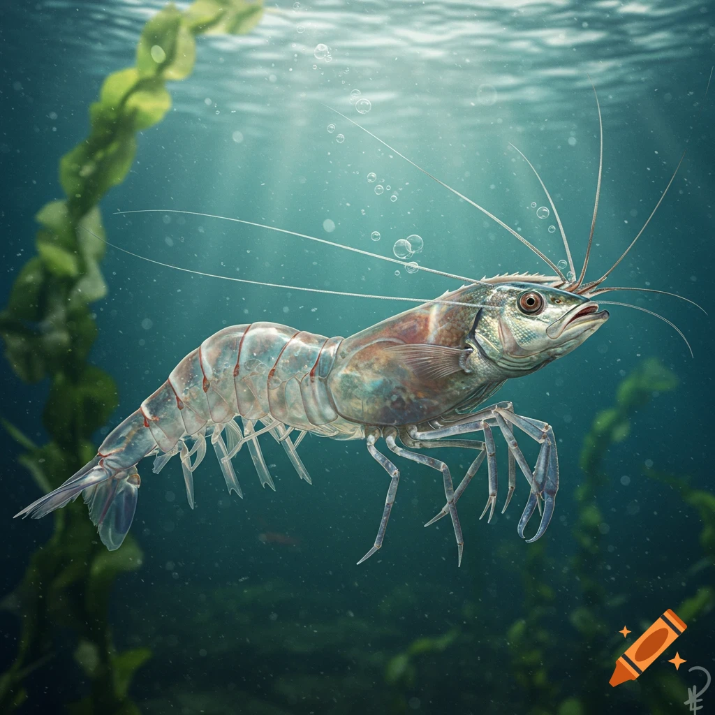 Photorealistic depiction of a hybrid creature with a shrimp body and a fish head swimming underwater amidst bubbles and seaweed.