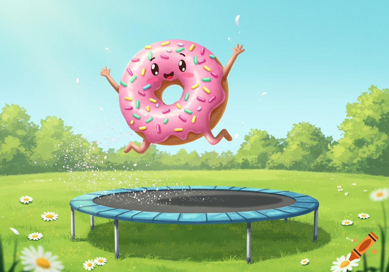 Playful illustration of a happy, pink donut with sprinkles jumping high over a trampoline in a sunny park with trees and daisies.