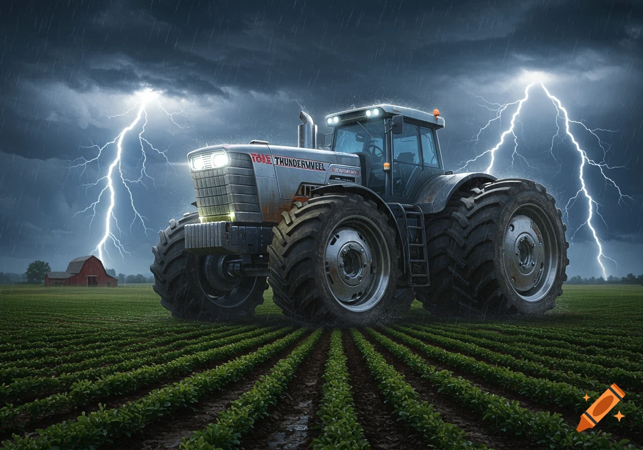 A large grey tractor with glowing lights in a green field during a heavy thunderstorm with lightning. A red barn is in the background.
