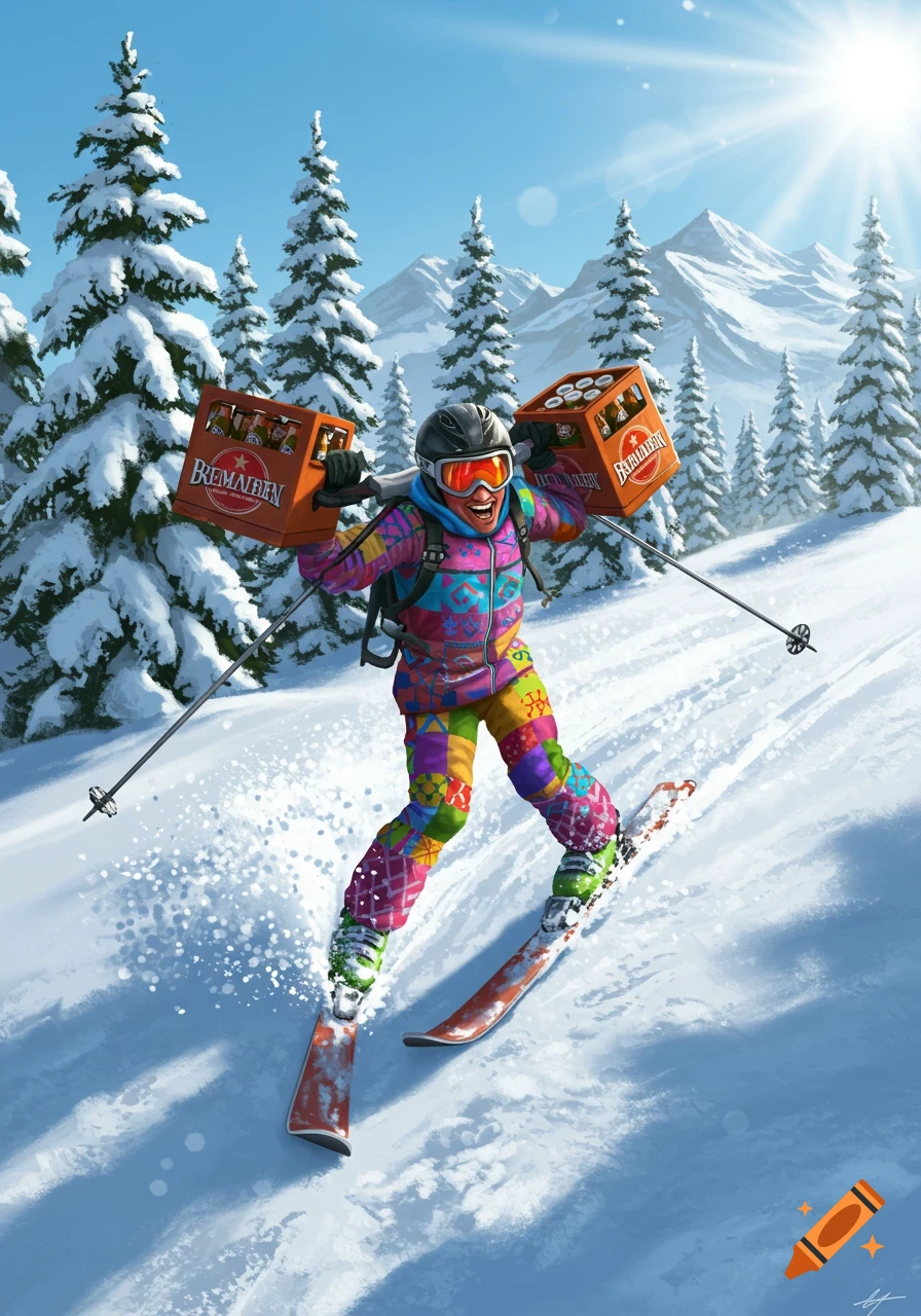A vibrant illustration of a person in colorful ski gear skiing down a snowy mountain, carrying two crates of beer with a huge grin.