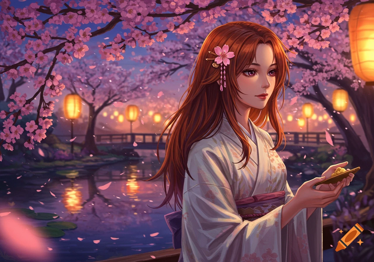 Anime woman in white kimono under pink cherry blossoms at night, holding a dish, with lanterns and a pond in the background.