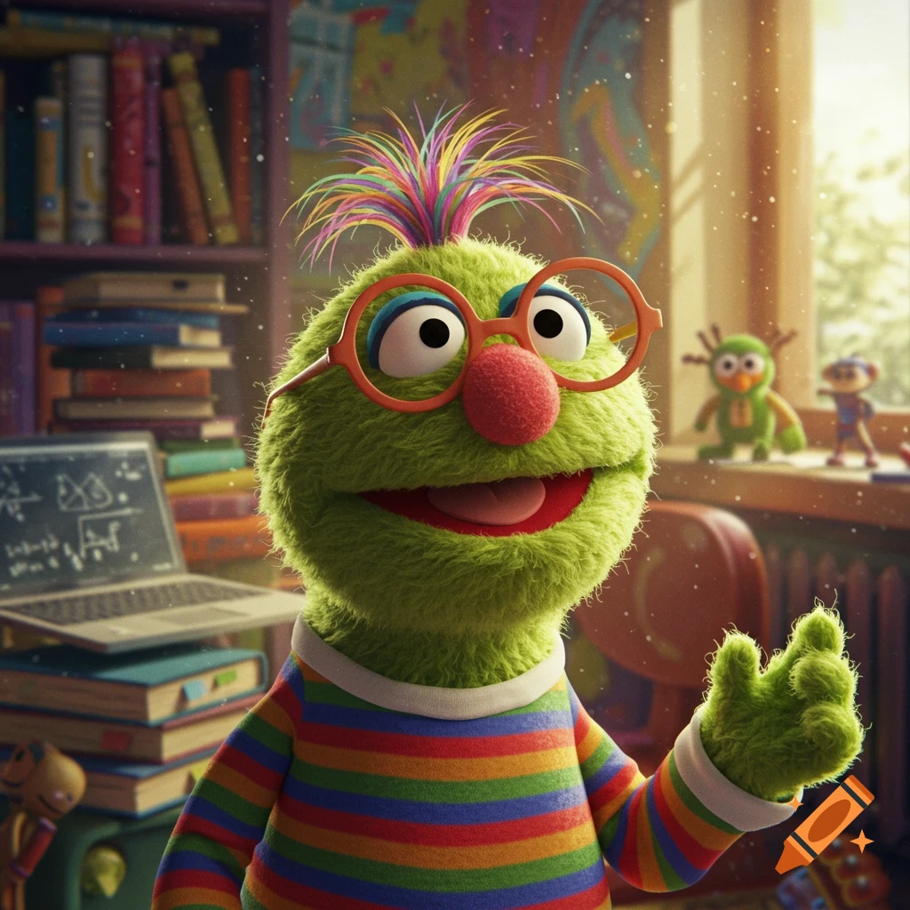 A green Muppet-like character with a rainbow striped shirt, orange glasses, and spiky colorful hair smiles in a sunlit library.