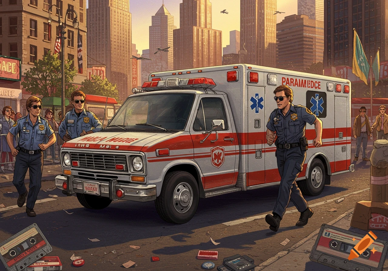80s illustration of paramedics with an ambulance in a city street, cassette tapes on the ground.