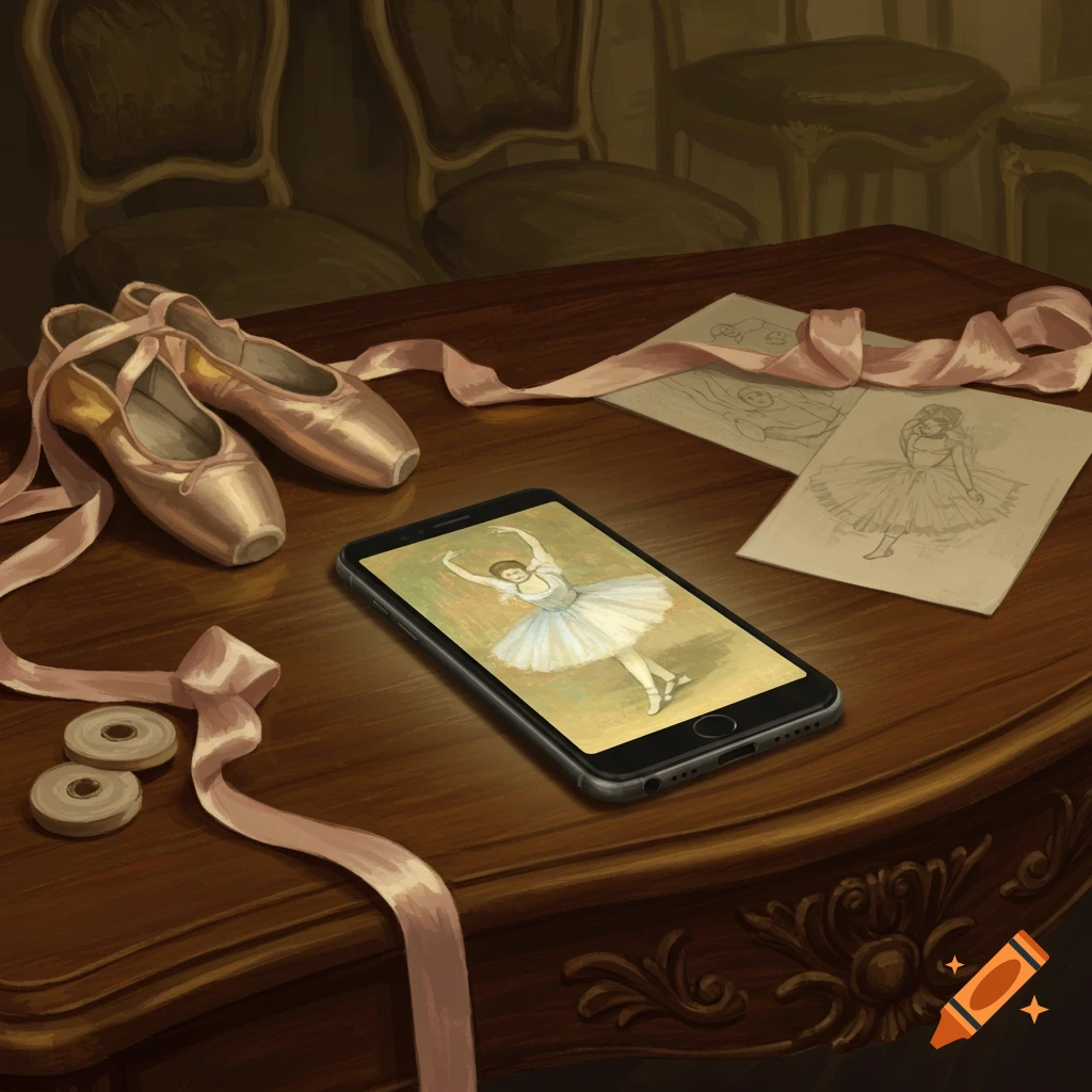 Ballet shoes, sketches, and a smartphone displaying a Degas-style ballet dancer on a wooden table.
