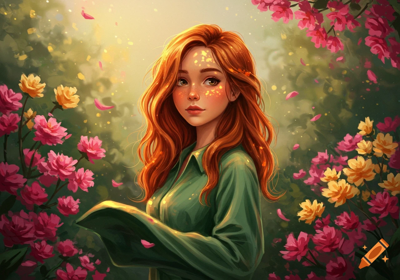 Digital art of a red-haired girl in a green shirt, surrounded by pink and yellow flowers in a sunlit, dreamlike garden.
