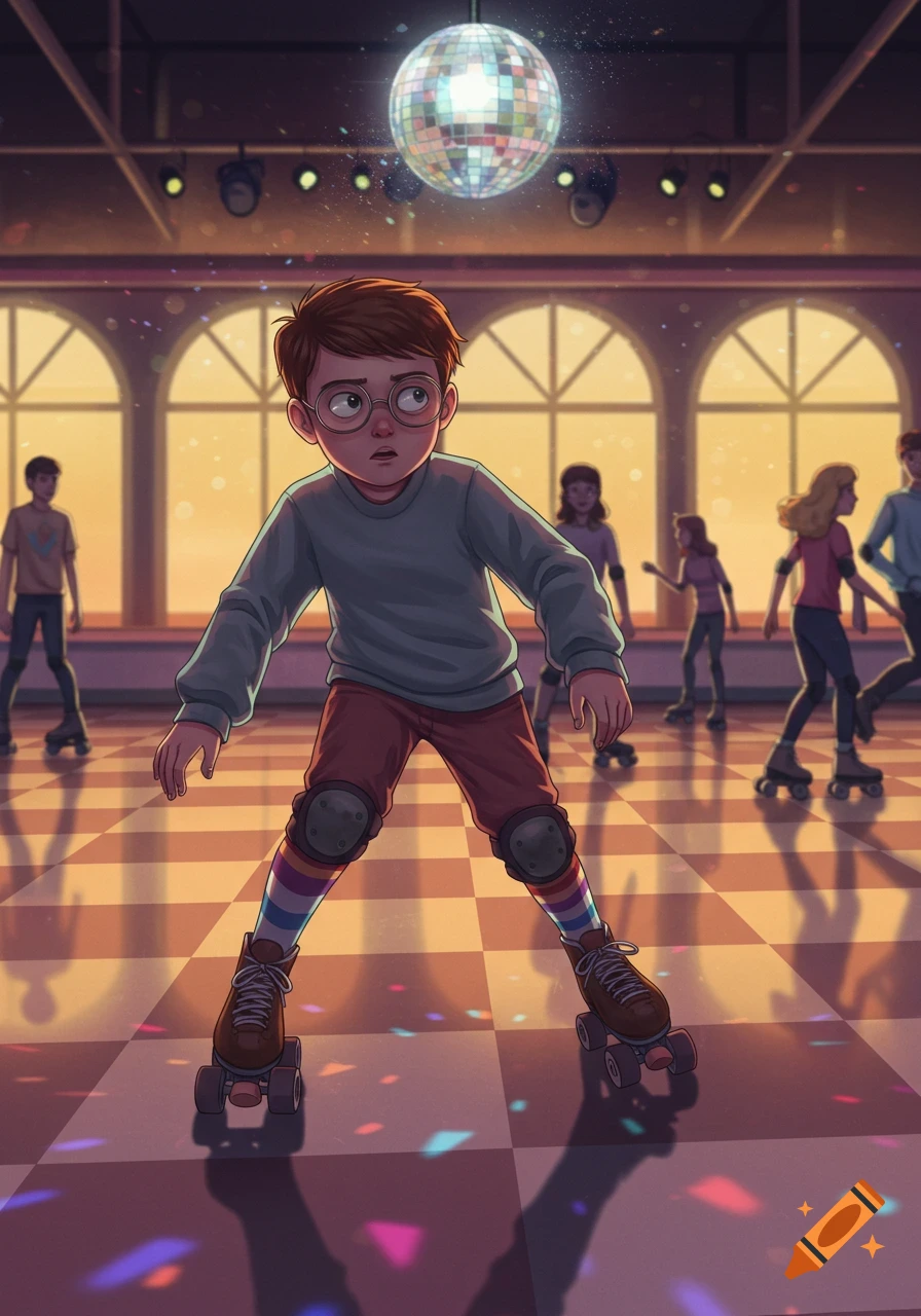 A cartoon illustration of a nervous boy with glasses roller skating in a disco rink under a disco ball, with other skaters.