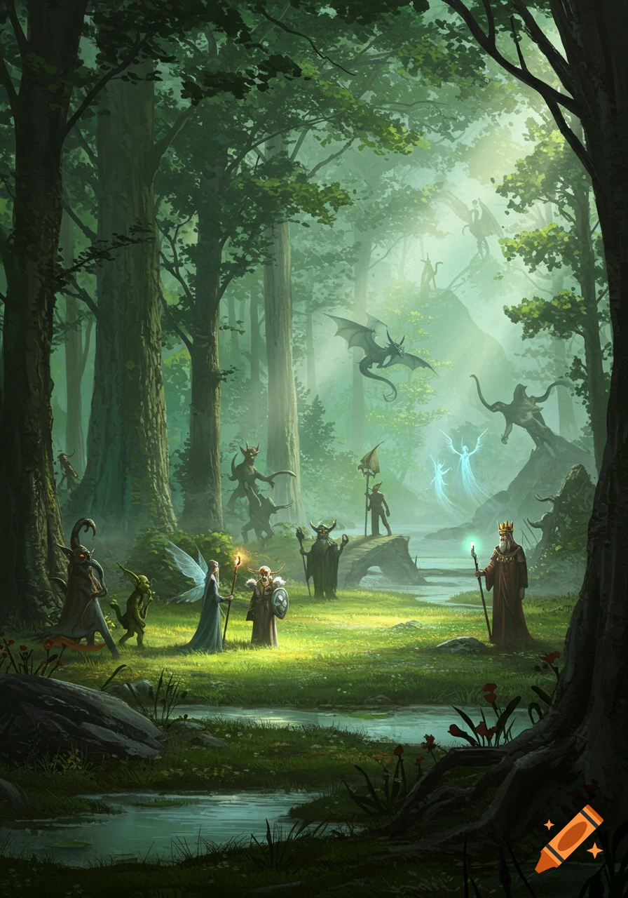 A vibrant fantasy forest scene with magical creatures like fairies, dragons, goblins, and sorcerers by a winding stream.