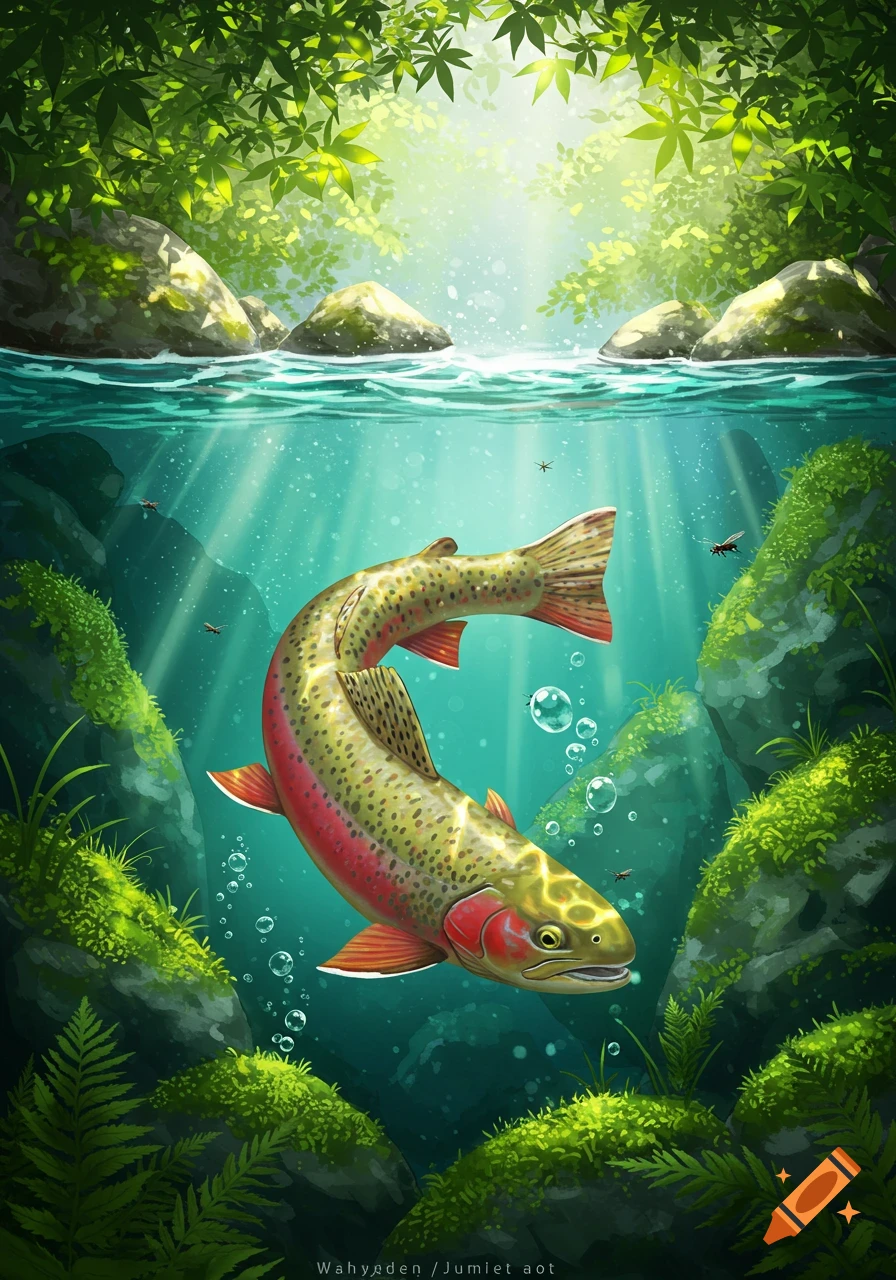 Vibrant illustration of a Yamame trout swimming in a sunlit stream, lush green foliage visible above and below water.