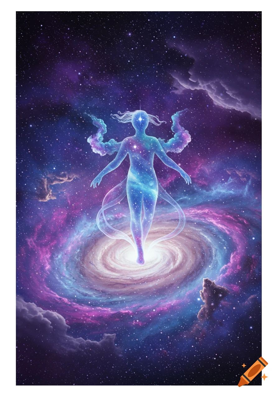 An ethereal, glowing figure composed of stars and nebulae stands above a swirling galaxy in a cosmic landscape.