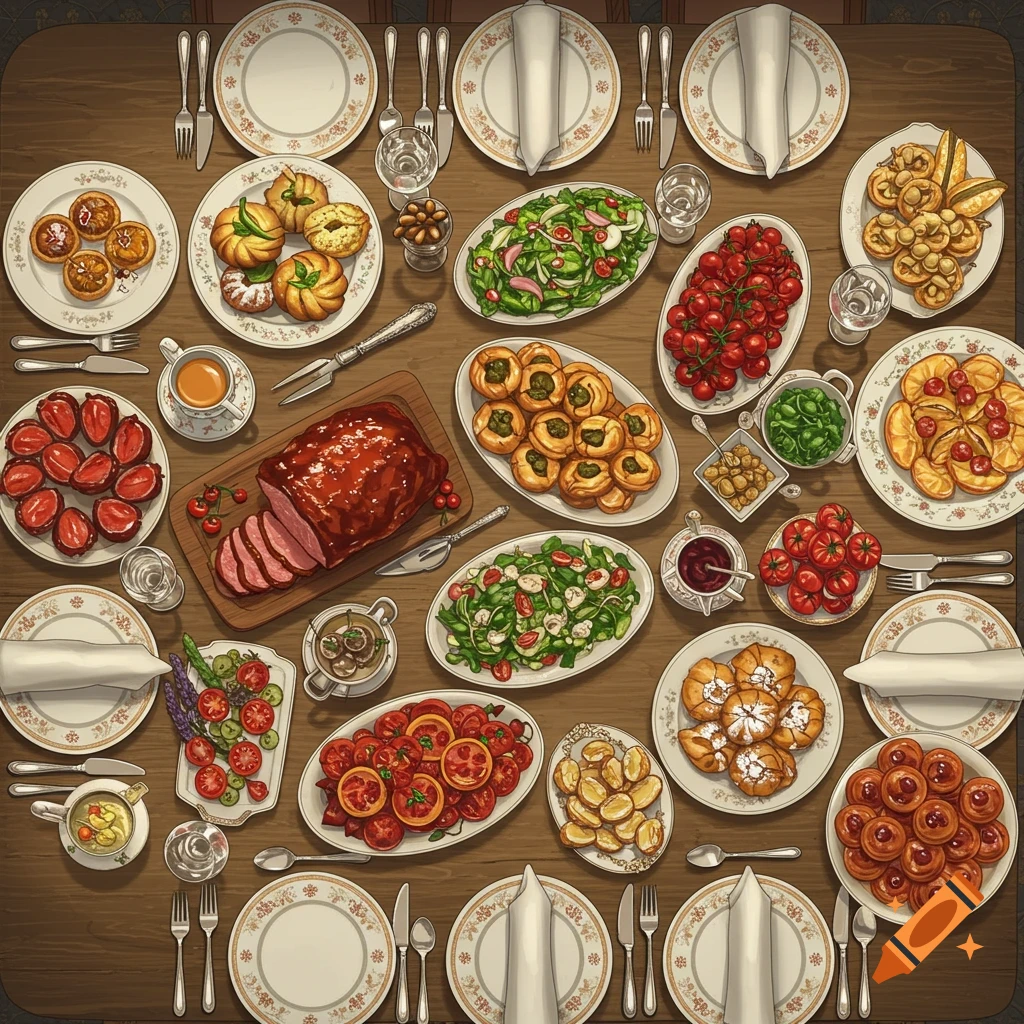Overhead shot of a large wooden dining table fully laden with various plates of food including roasted meat, salads, pastries, fruits, and desserts, set with cutlery and napkins.