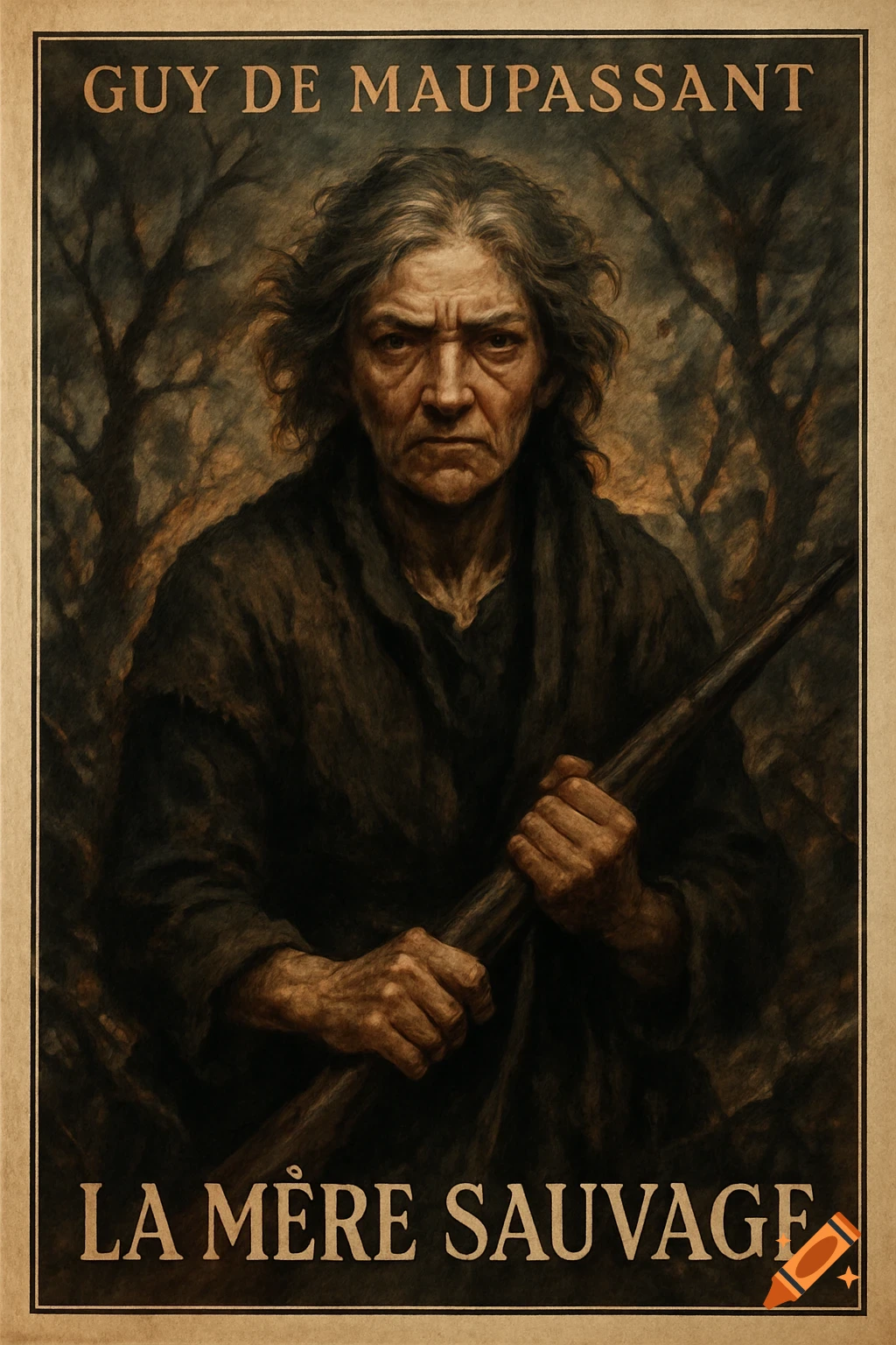 Vintage poster of a stern, old woman with gray hair holding a stick, against a dark forest background. Text 'GUY DE MAUPASSANT' and 'LA MÈRE SAUVAGE'.