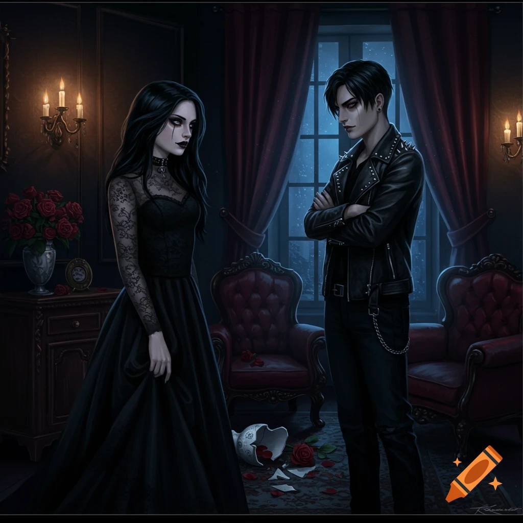 Two solemn gothic figures stand apart in a dimly lit, richly decorated room at night, with a broken vase and scattered rose petals on the floor.