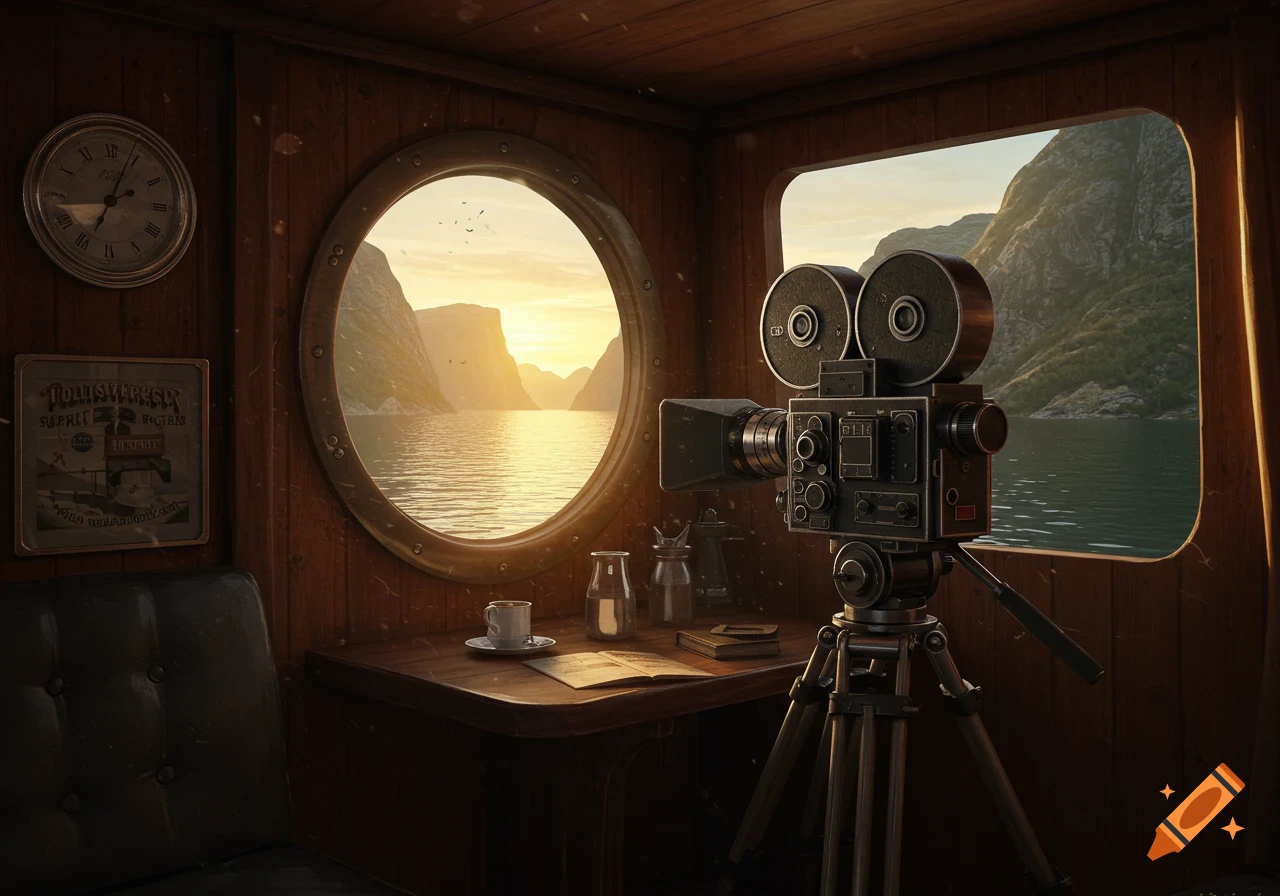 A vintage film camera on a tripod inside a wooden ship cabin, looking out a porthole at fjords during sunrise.