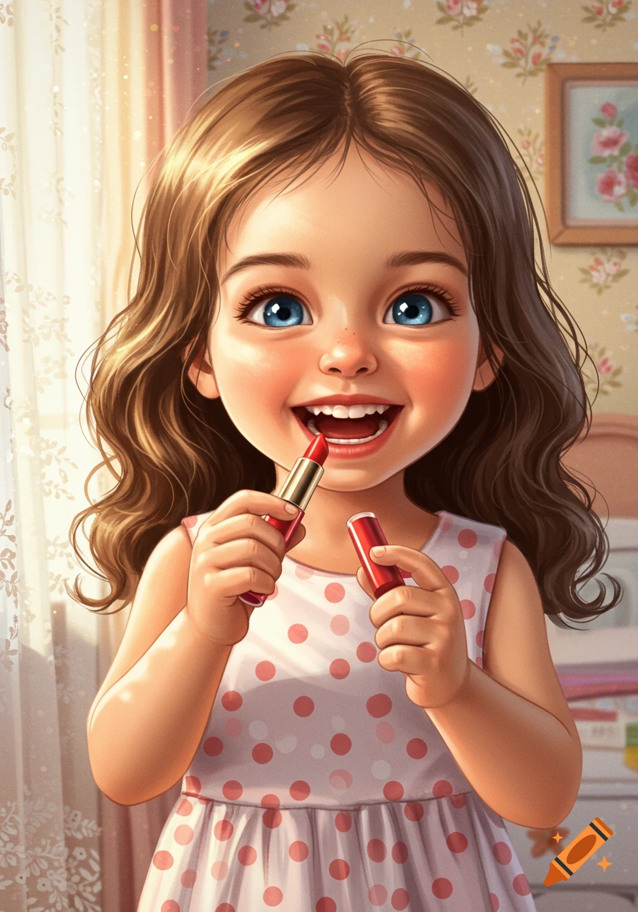 A happy cartoon girl with blue eyes and brown hair, in a polka dot dress, smiles while holding red lipstick.