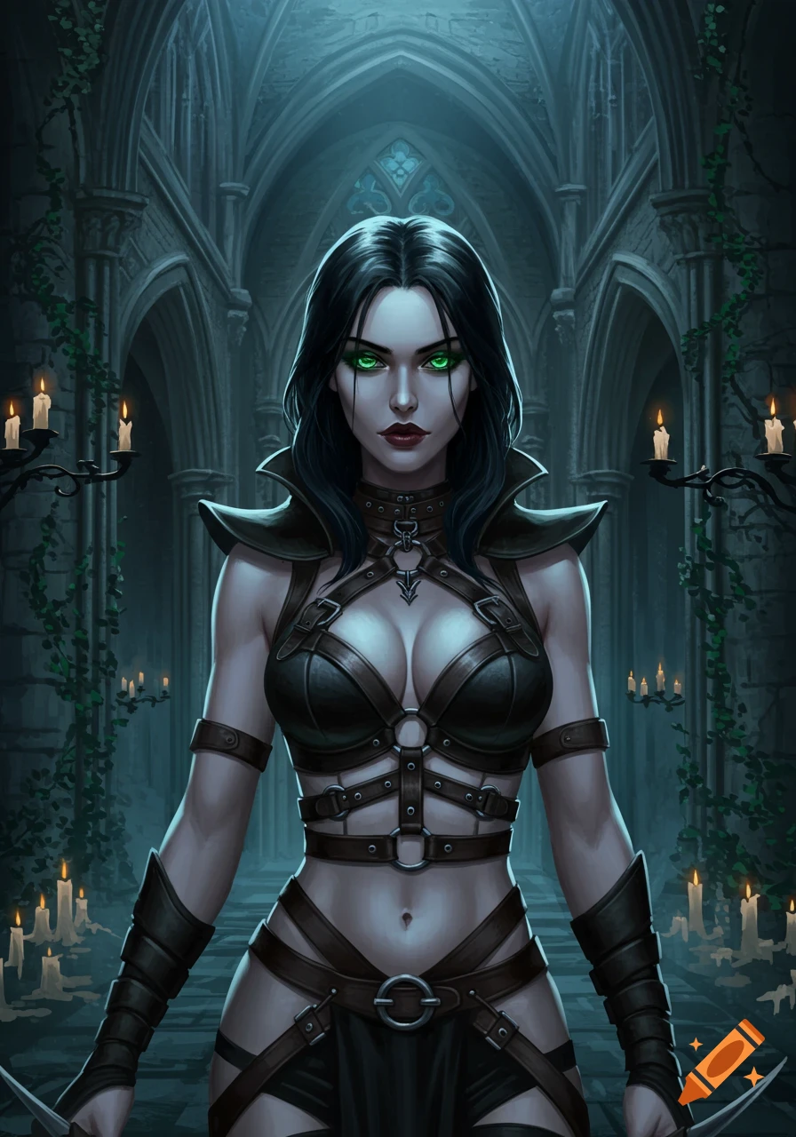 A gothic vampress with glowing green eyes and pale skin in a leather harness outfit stands in a candlelit stone hall.