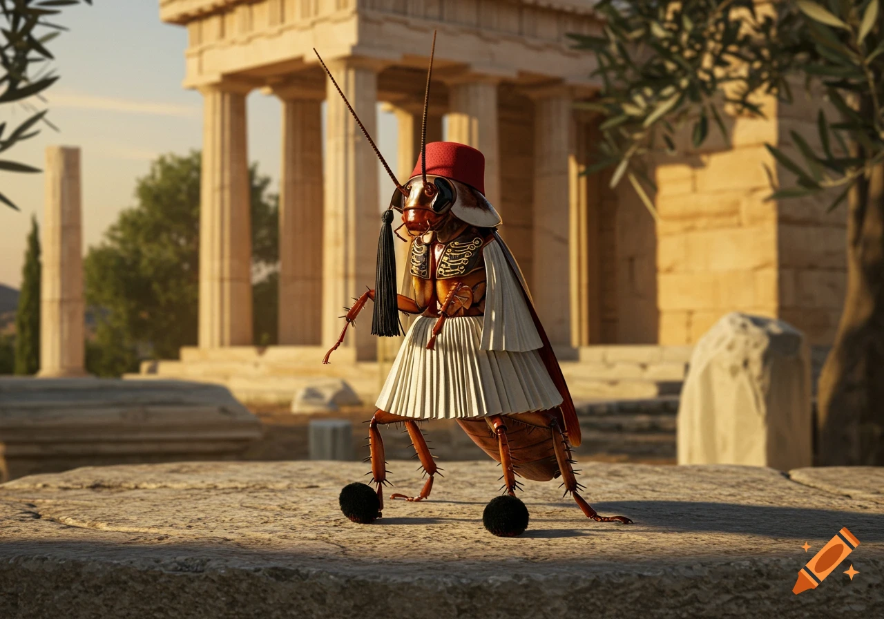 A photorealistic cockroach in a red fez and white pleated Greek Evzones uniform stands on stone in front of ancient ruins.