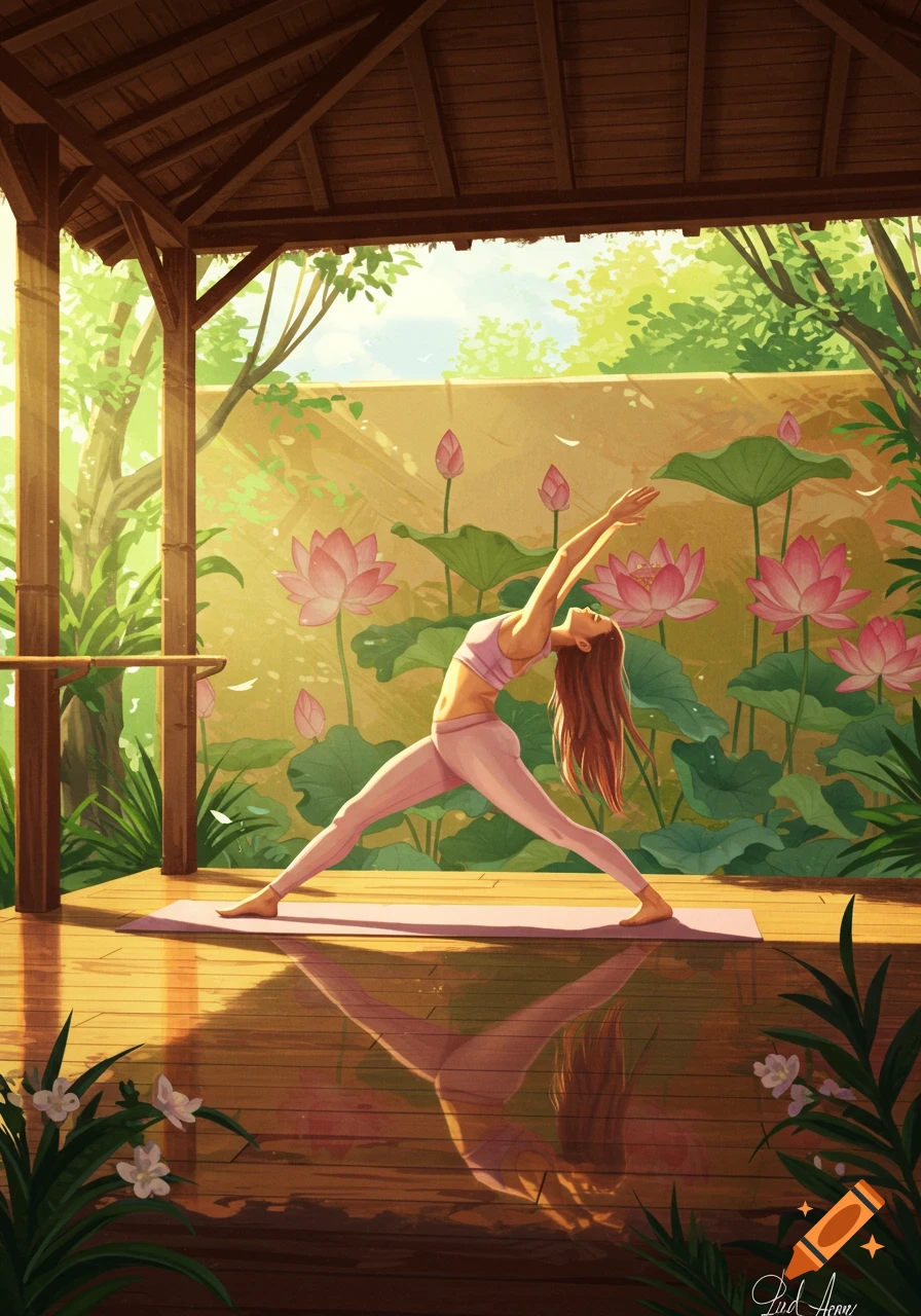 An illustration of a woman in a yoga pose on a mat in a sunny pavilion surrounded by lotus flowers and lush greenery.