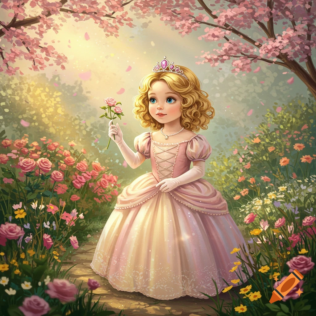 An ethereal illustration of a young blonde princess in a pink gown and tiara holding roses in a blooming garden.