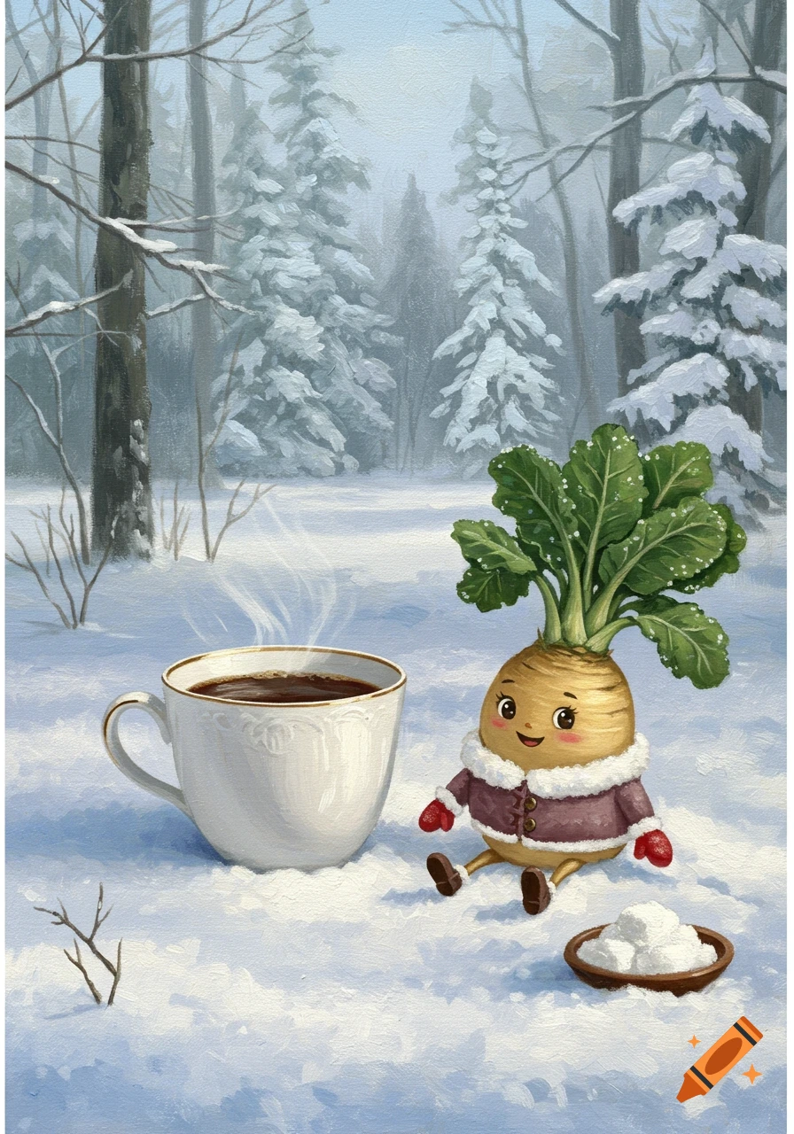 A cute, smiling root vegetable in a winter jacket sits in a snowy forest next to a steaming cup of coffee and a bowl of sugar, painted style.