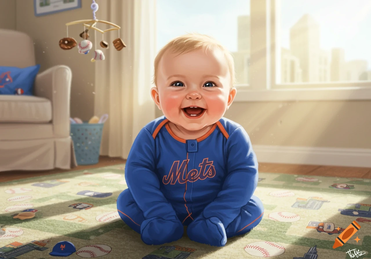 A smiling baby in a blue "Mets" onesie sits on a baseball-themed rug in a sunny nursery.
