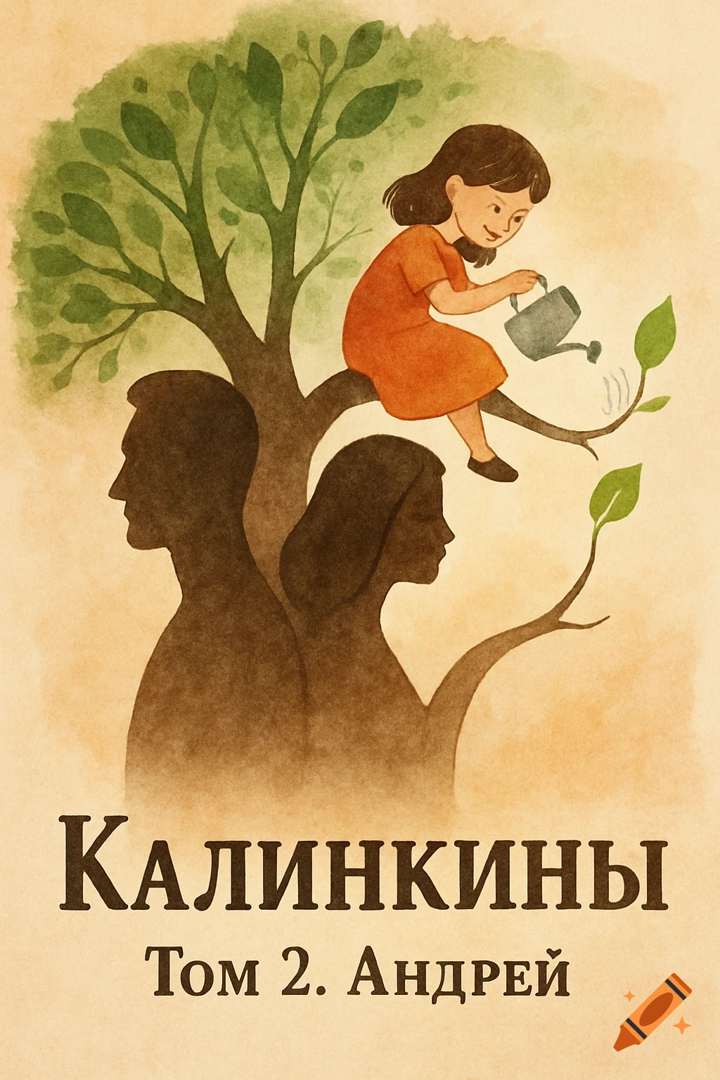 Watercolor illustration of a girl watering a leaf on a tree formed by silhouettes of parents, with Cyrillic text.