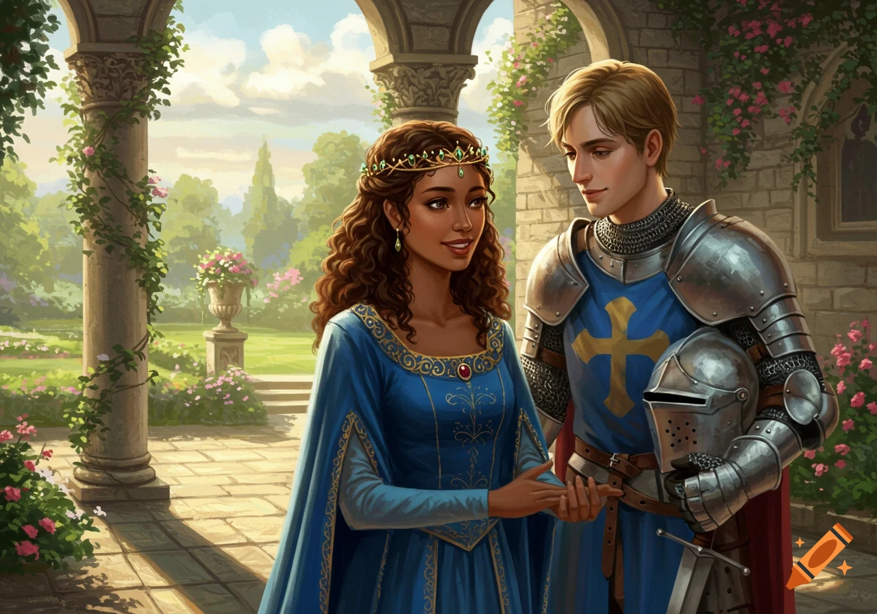 A medieval princess and a knight in armor holding hands in a lush garden with stone arches.