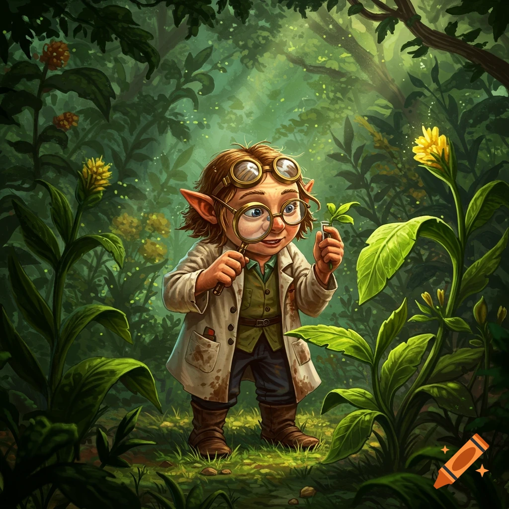 A whimsical illustration of a gnome botanist in a lab coat and goggles, examining a small plant with a magnifying glass in a lush green forest.