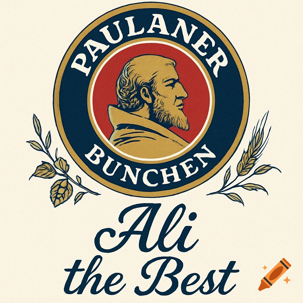 A stylized Paulaner-like logo featuring a man's profile in a circle, surrounded by the text "PAULANER BUNCHEN", with hop and wheat sprigs, and "Ali the Best" written below.