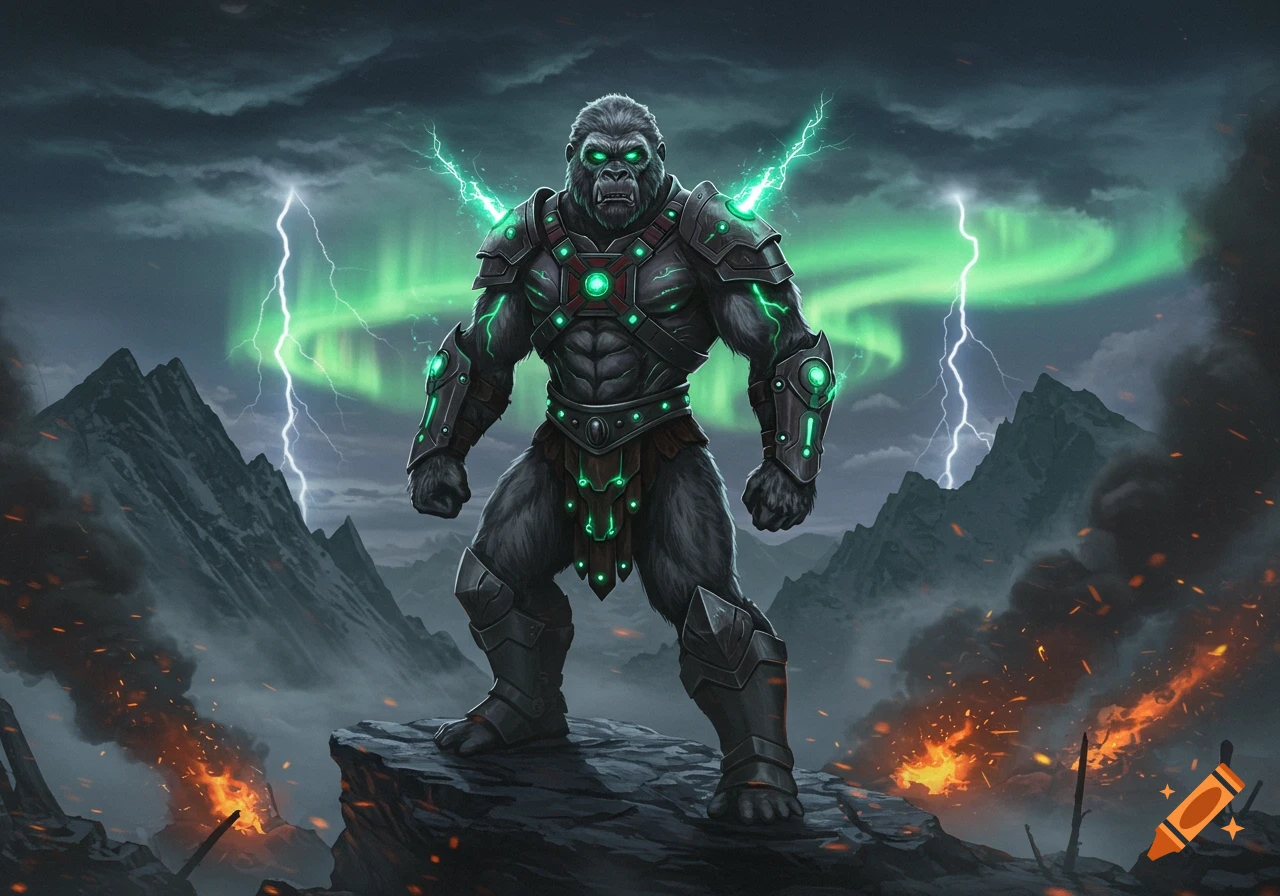 Powerful armored gorilla-like warrior with glowing green energy stands on a rocky peak amidst mountains, lightning, and green aurora.
