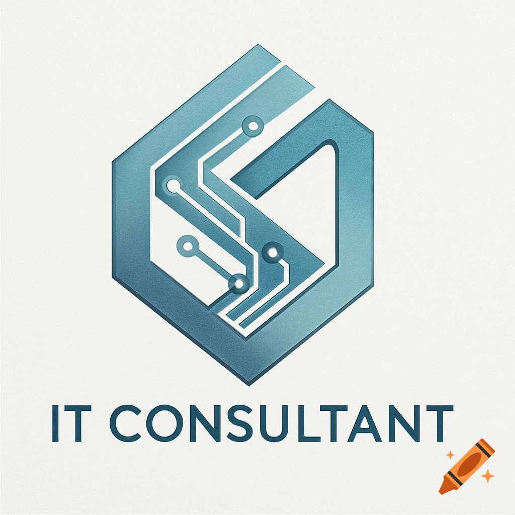 A blue geometric logo resembling a circuit board, with 'IT CONSULTANT' text below on a textured background.