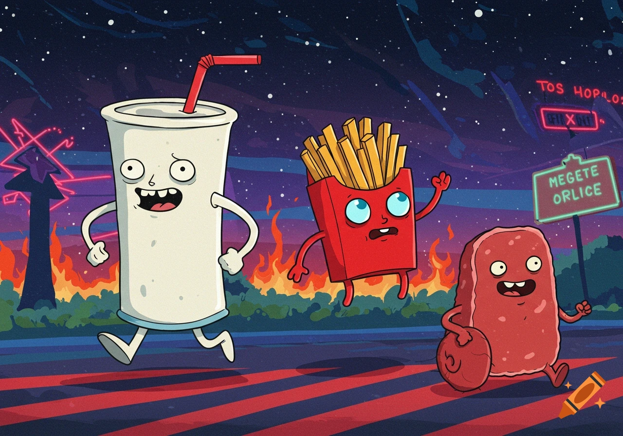 Cartoon characters Master Shake, Frylock, and Meatwad run across a striped road at night with fire and glowing signs in the background.