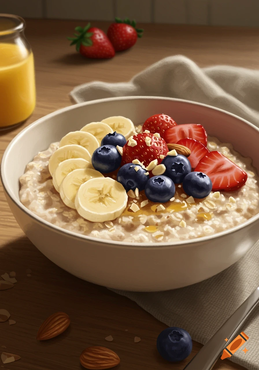 A bowl of oatmeal topped with sliced bananas, blueberries, strawberries, chopped almonds, and a drizzle of honey.
