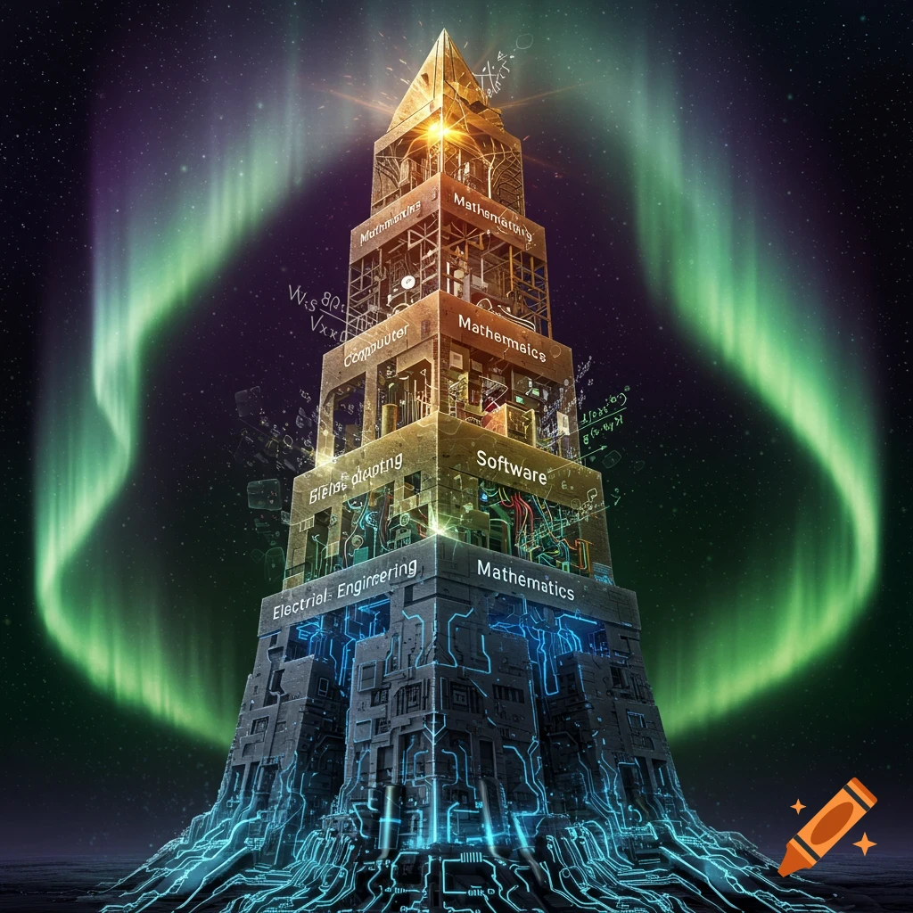 A futuristic pyramid-like tower representing theoretical layers of Electrical Engineering, Computer, Software, and Mathematics, with circuitry glowing under a green aurora.