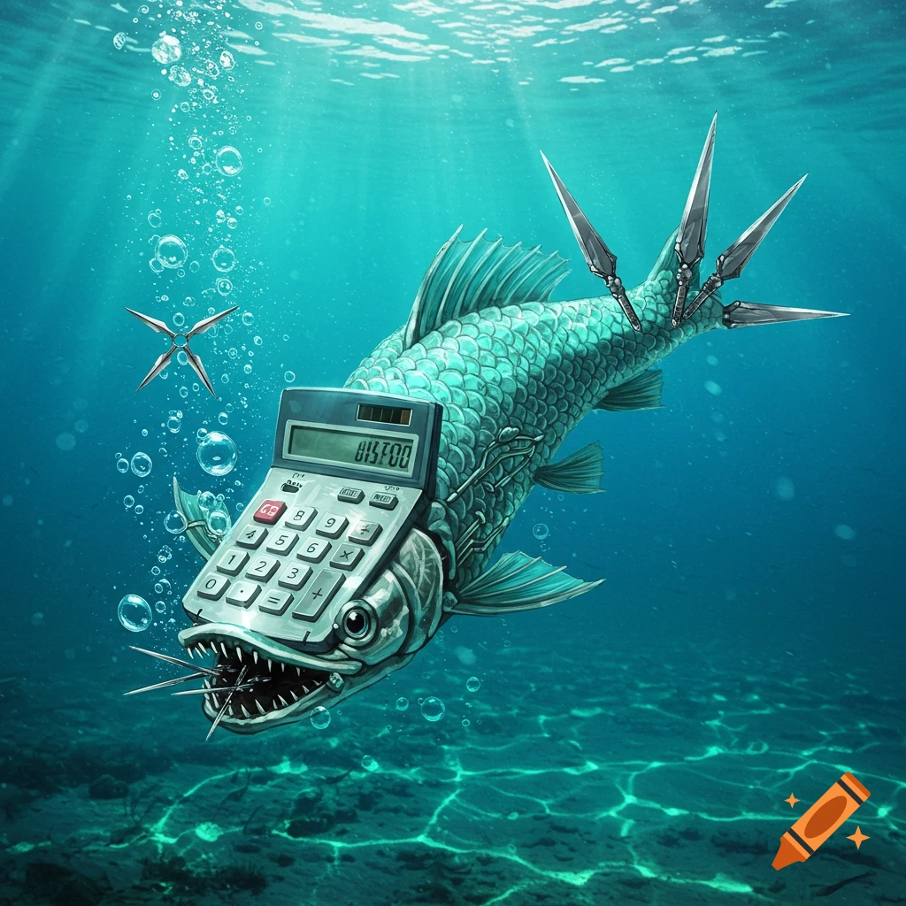 A surreal mechanical fish with a calculator for a head and sharp blades on its tail, eating shurikens underwater.