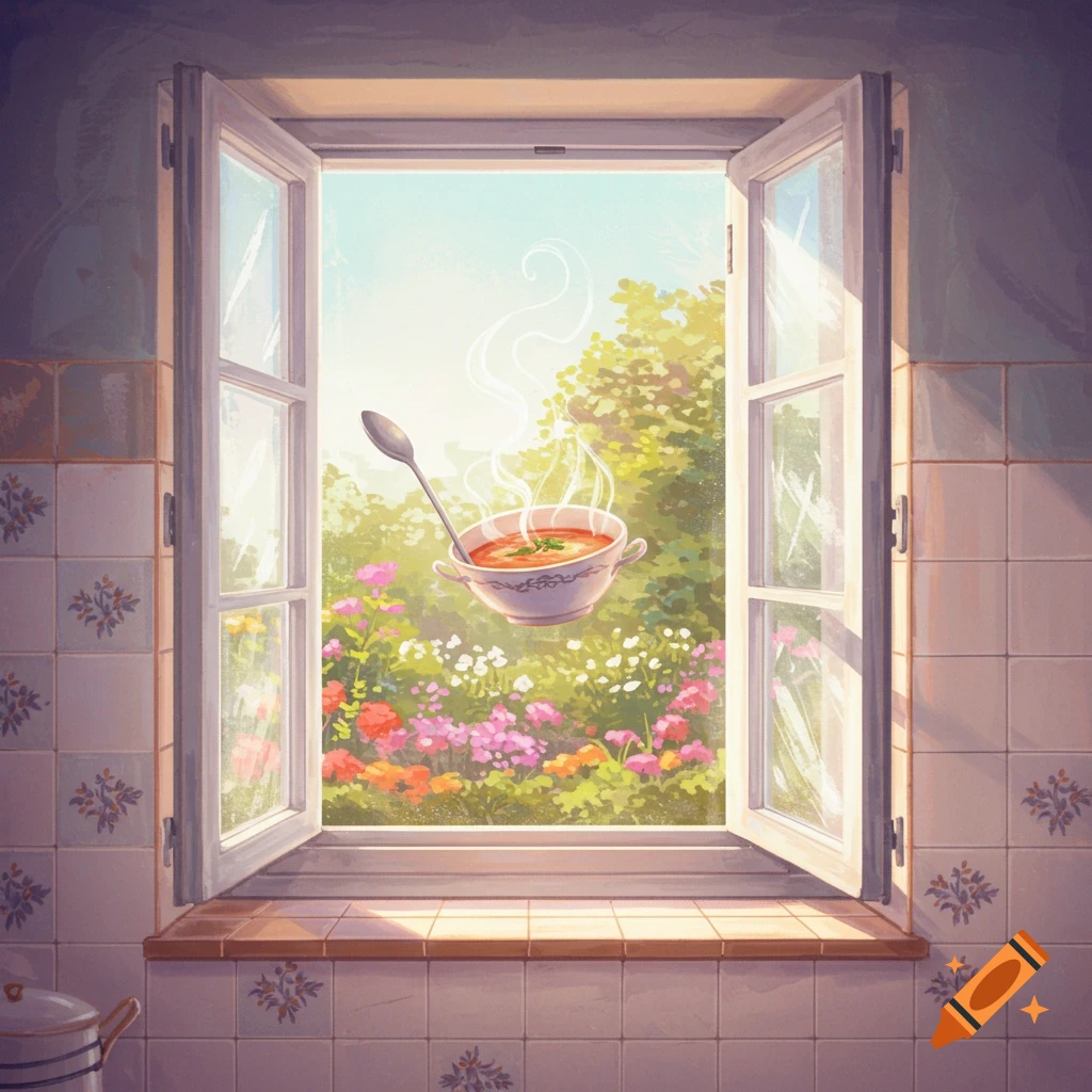 A whimsical illustration of a steaming bowl of soup and a spoon floating in front of an open window overlooking a vibrant garden from a tiled kitchen.
