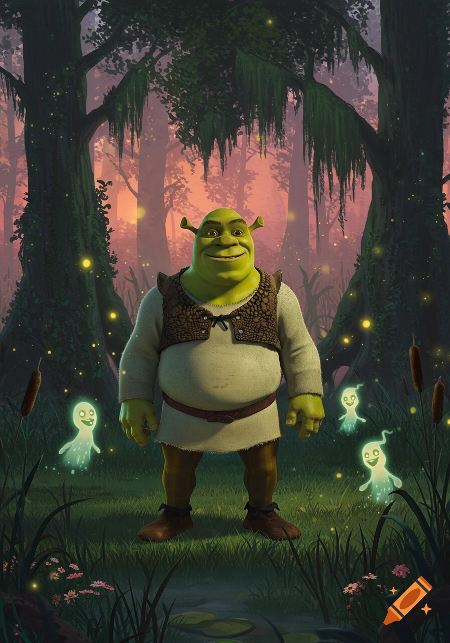 Shrek stands smiling in an enchanted swamp at dusk, surrounded by glowing fireflies and three small, friendly white ghosts.