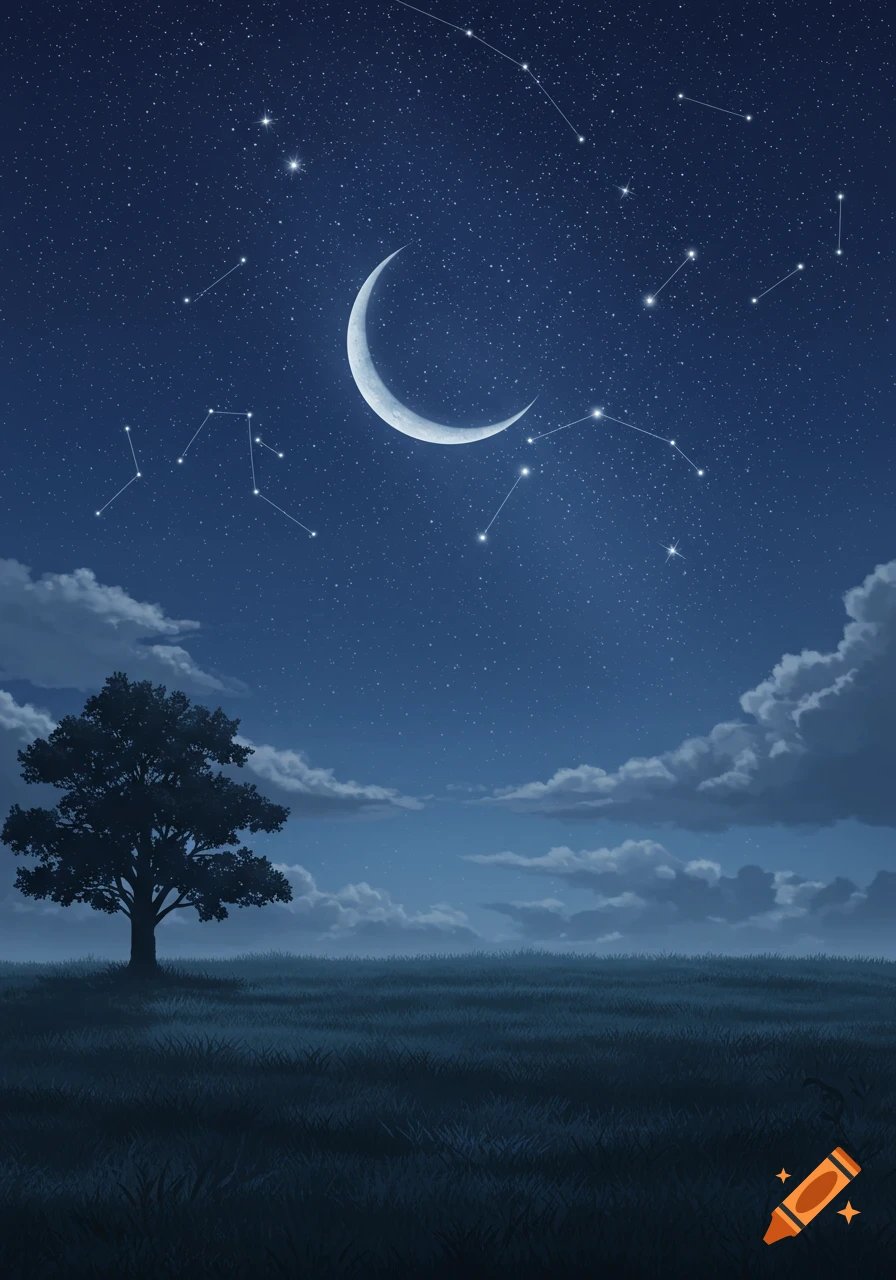 A serene night landscape with a crescent moon, bright stars, constellations, a silhouetted tree, and a dark grassy field.