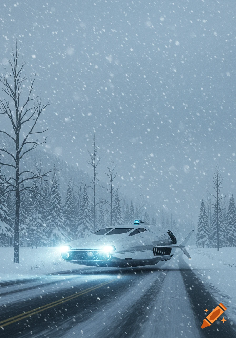 A sleek, futuristic vehicle with bright headlights drives down a snowy road through a snow-covered forest during a heavy snowfall.