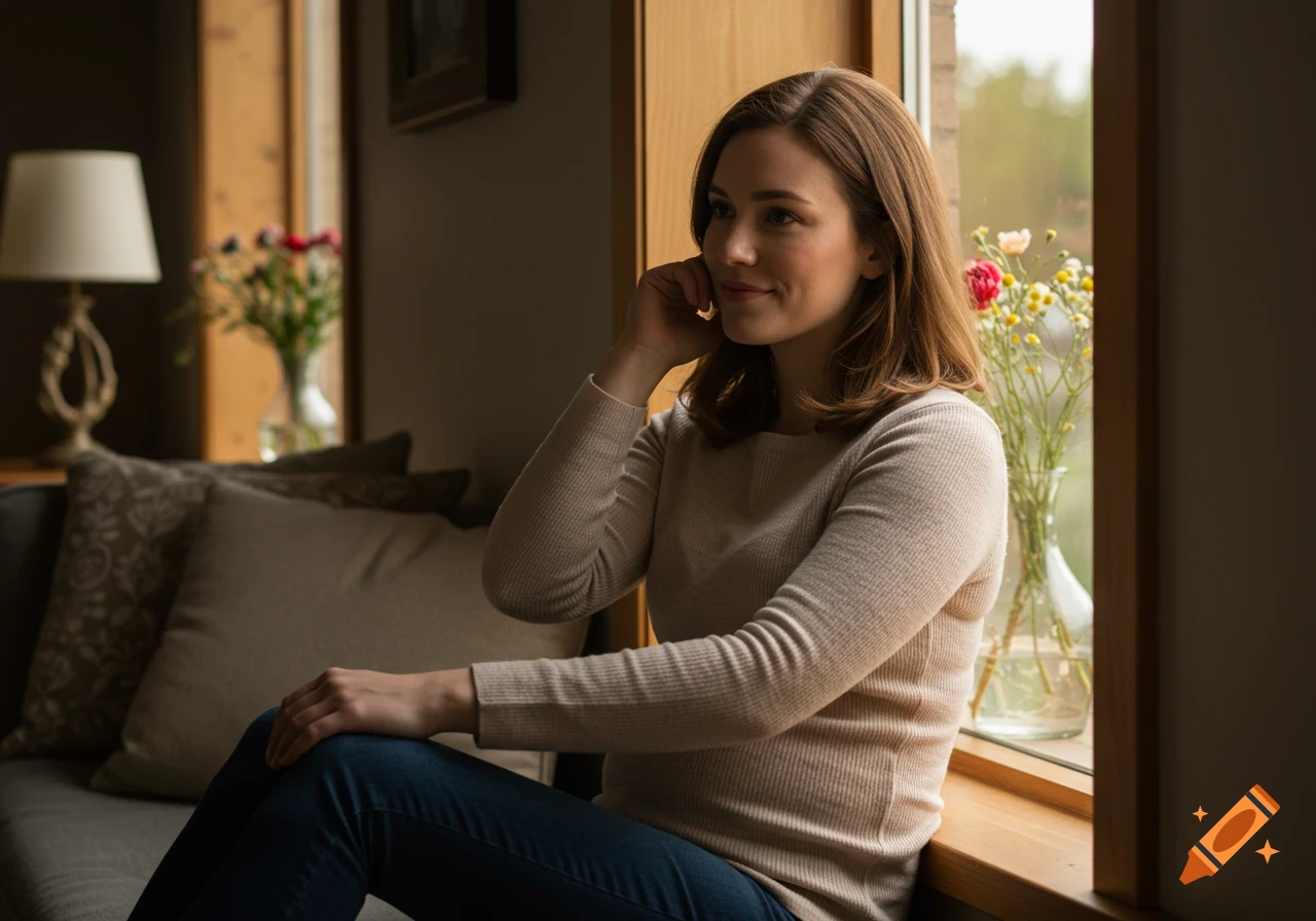 A thoughtful young woman sits by a window in a cozy room, gazing softly with natural light and flowers outside. Photorealistic.