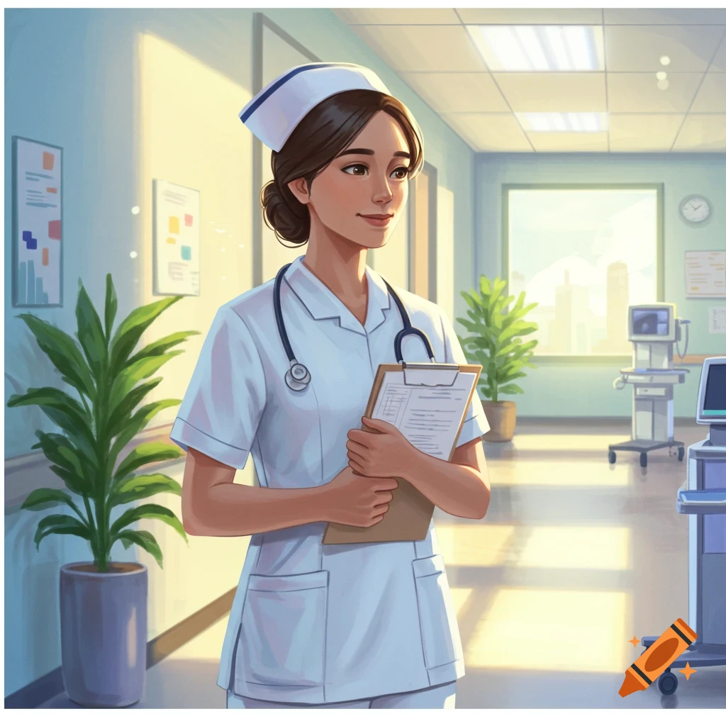 An illustrated nurse holding a clipboard in a sunlit hospital hallway.