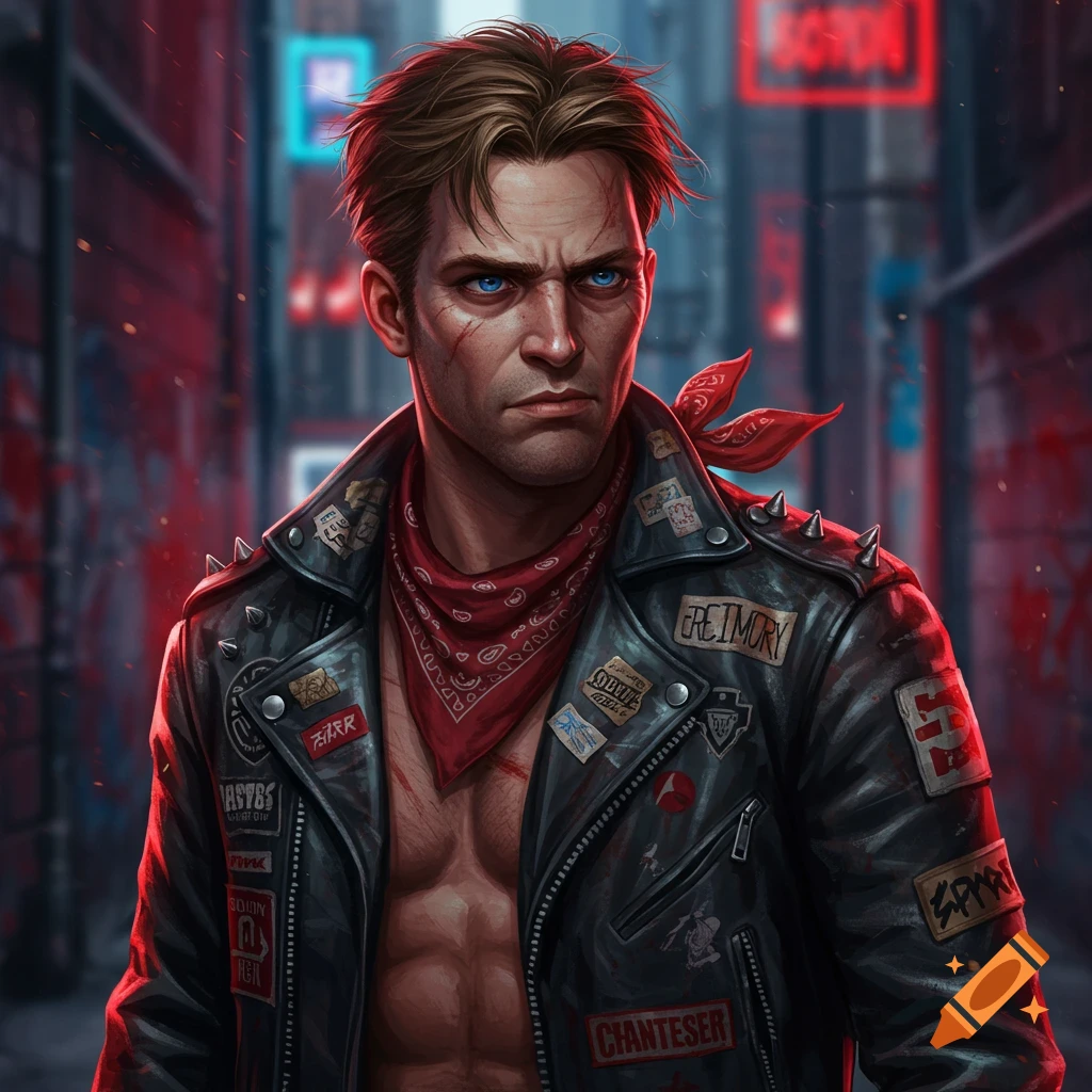 A stern man with blue eyes and a scarred face, wearing an open leather jacket with patches and a red bandana, stands in a dark, neon-lit cyberpunk alley.