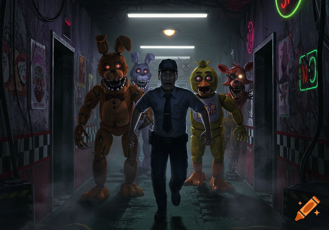 A terrified night guard runs down a dark, grimy hallway away from Freddy Fazbear, Bonnie, Chica, and Foxy, who pursue him with glowing eyes.